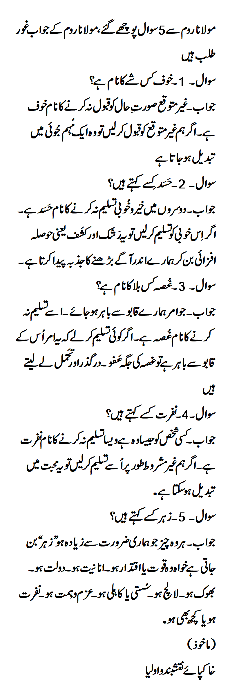 Maulana Rumi was asked 5 questions